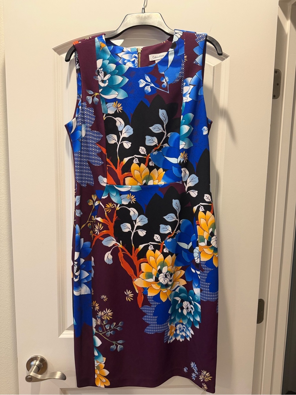 Calvin Klein Bold Floral Sheath Dress in Blue, Purple & Yellow size 12